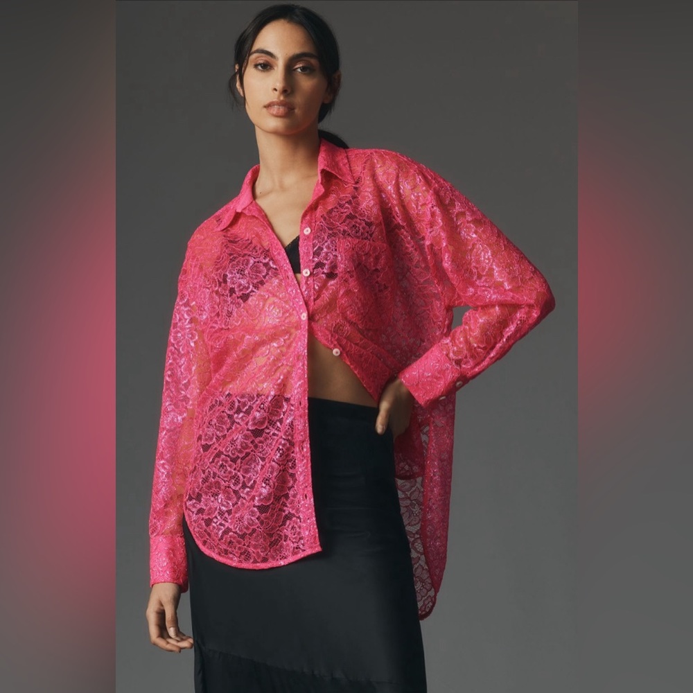 ✨ Anthropologie Sheer Metallic Lace Long-Sleeve Shirt Sz S